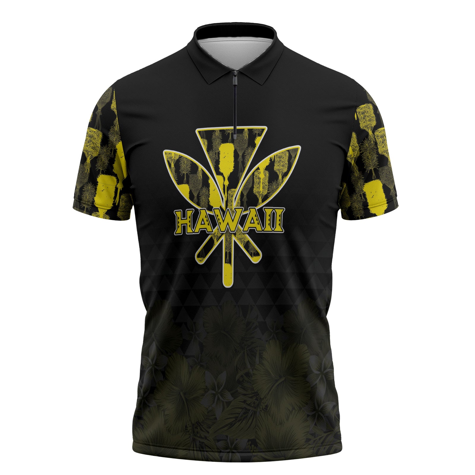Personalised Aloha Hawaii Kahili Zipper Polo Shirt Kanaka Maoli With Kakau Pattern LT05 Black - Polynesian Pride