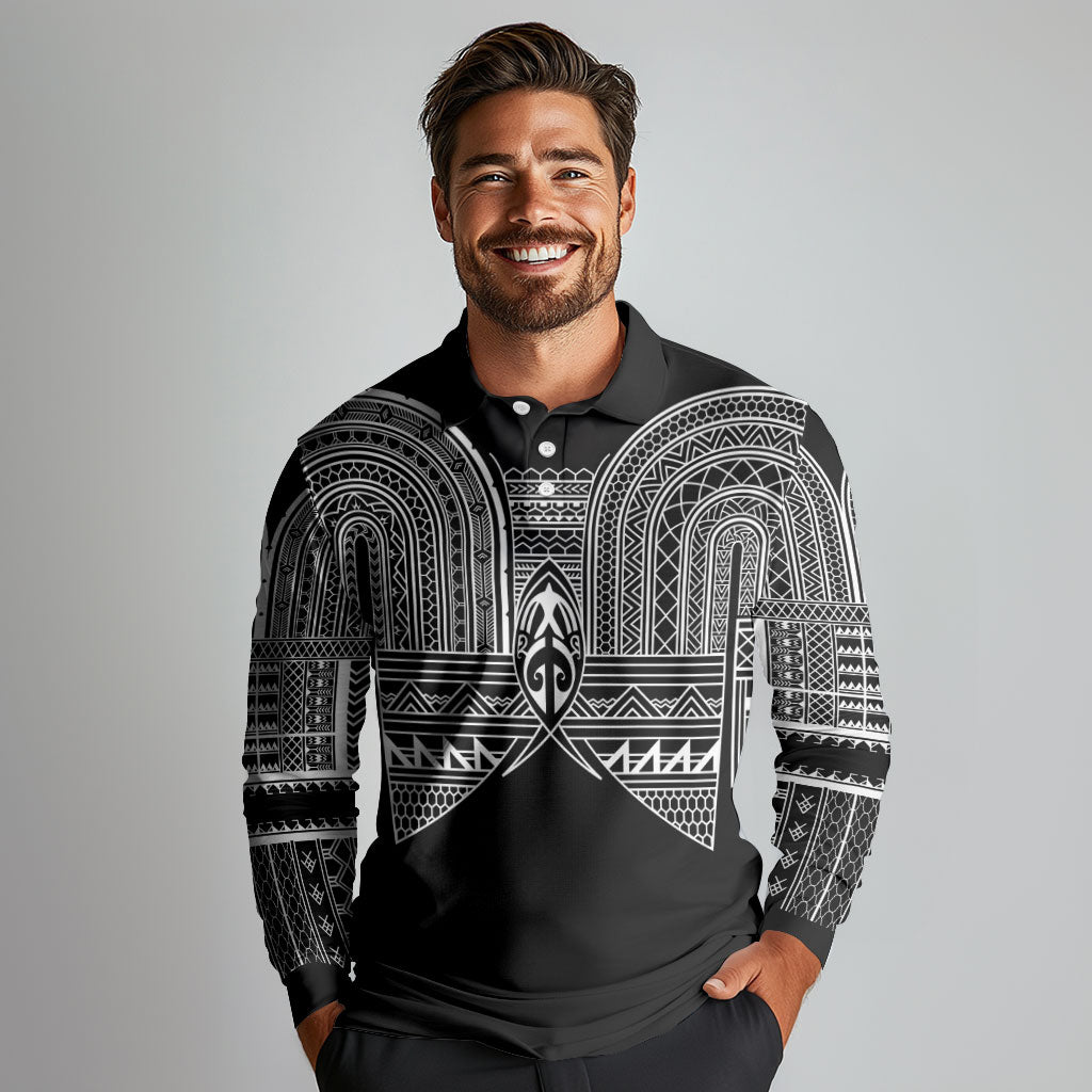 Philippines Igorot Tribal Inspired Long Sleeve Polo Shirt Black Version LT05 - Polynesian Pride