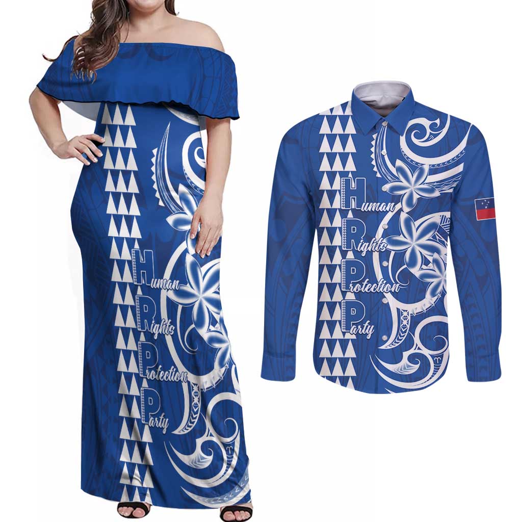 Samoa HRPP Party Couples Matching Off Shoulder Maxi Dress and Long Sleeve Button Shirt Polynesian Pattern LT05 Blue - Polynesian Pride