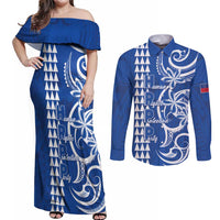 Samoa HRPP Party Couples Matching Off Shoulder Maxi Dress and Long Sleeve Button Shirt Polynesian Pattern LT05 Blue - Polynesian Pride