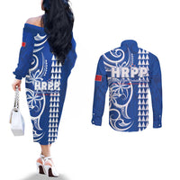 Samoa HRPP Party Couples Matching Off The Shoulder Long Sleeve Dress and Long Sleeve Button Shirt Polynesian Pattern - Polynesian Pride