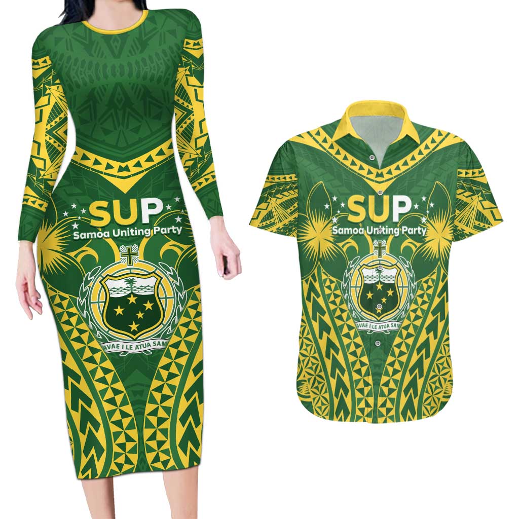 Samoa SUP Couples Matching Long Sleeve Bodycon Dress and Hawaiian Shirt Samoan Coat Of Arms LT05 Green - Polynesian Pride