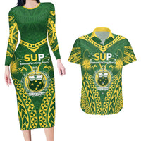 Samoa SUP Couples Matching Long Sleeve Bodycon Dress and Hawaiian Shirt Samoan Coat Of Arms LT05 Green - Polynesian Pride