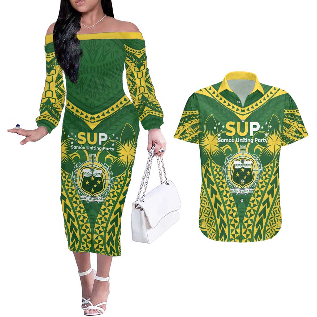 Samoa SUP Couples Matching Off The Shoulder Long Sleeve Dress and Hawaiian Shirt Samoan Coat Of Arms LT05 Green - Polynesian Pride