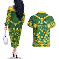 Samoa SUP Couples Matching Off The Shoulder Long Sleeve Dress and Hawaiian Shirt Samoan Coat Of Arms LT05 - Polynesian Pride