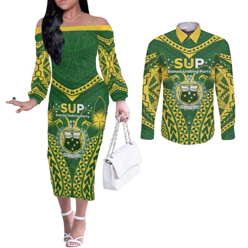 Samoa SUP Couples Matching Off The Shoulder Long Sleeve Dress and Long Sleeve Button Shirt Samoan Coat Of Arms LT05 Green - Polynesian Pride