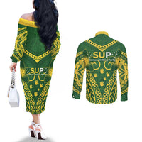 Samoa SUP Couples Matching Off The Shoulder Long Sleeve Dress and Long Sleeve Button Shirt Samoan Coat Of Arms LT05 - Polynesian Pride