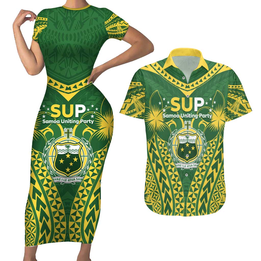 Samoa SUP Couples Matching Short Sleeve Bodycon Dress and Hawaiian Shirt Samoan Coat Of Arms LT05 Green - Polynesian Pride