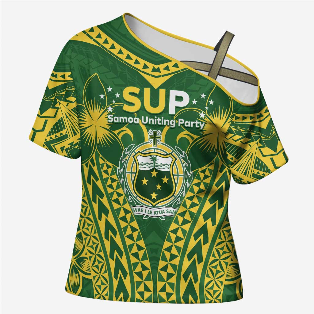 Samoa SUP Cross Shoulder Shirt Samoan Coat Of Arms LT05 Female Green - Polynesian Pride