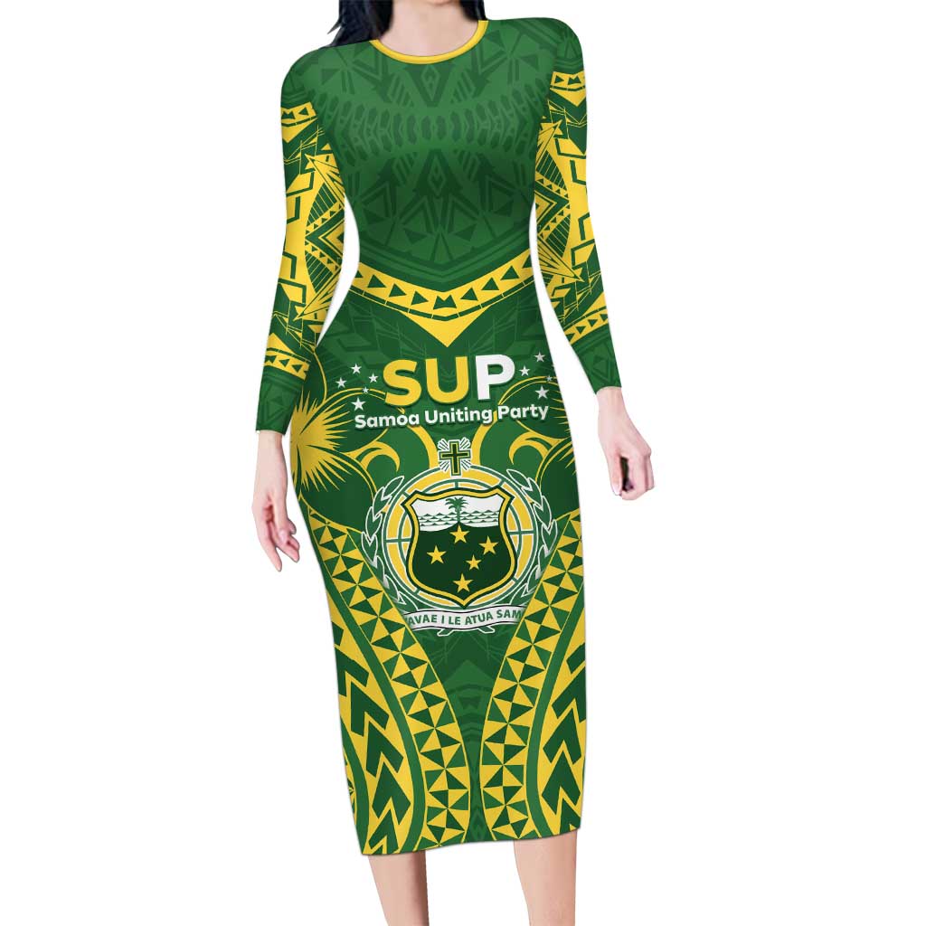 Samoa SUP Family Matching Long Sleeve Bodycon Dress and Hawaiian Shirt Samoan Coat Of Arms LT05 Mom's Dress Green - Polynesian Pride