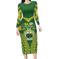 Samoa SUP Family Matching Long Sleeve Bodycon Dress and Hawaiian Shirt Samoan Coat Of Arms LT05 Mom's Dress Green - Polynesian Pride