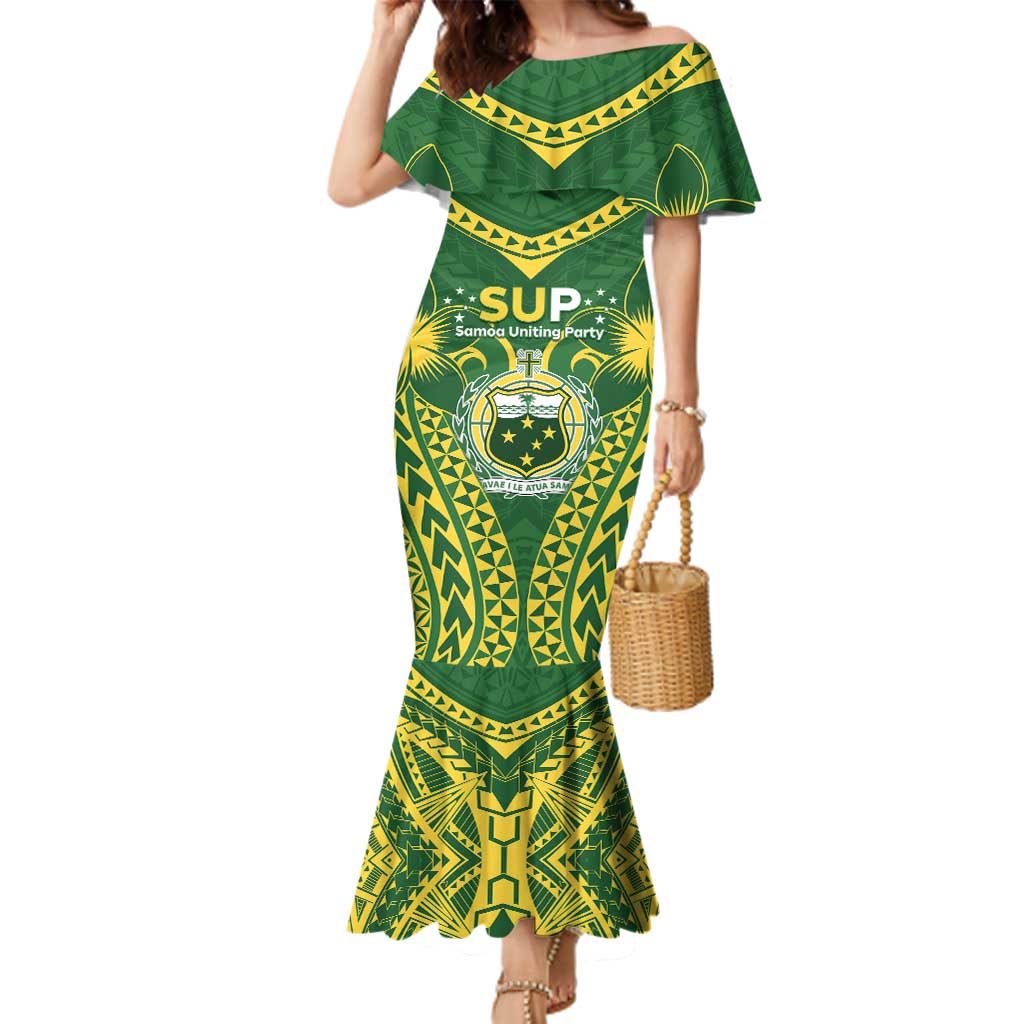 Samoa SUP Family Matching Mermaid Dress and Hawaiian Shirt Samoan Coat Of Arms LT05 Mom's Dress Green - Polynesian Pride