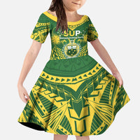 Samoa SUP Family Matching Off The Shoulder Long Sleeve Dress and Hawaiian Shirt Samoan Coat Of Arms LT05 Daughter's Dress Green - Polynesian Pride