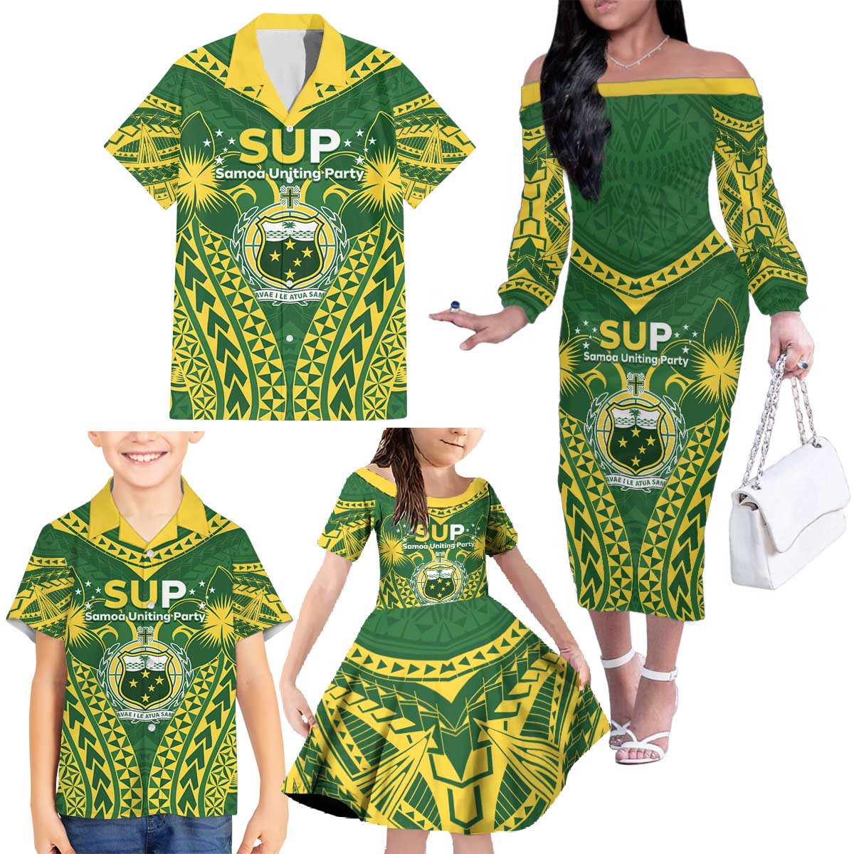 Samoa SUP Family Matching Off The Shoulder Long Sleeve Dress and Hawaiian Shirt Samoan Coat Of Arms LT05 - Polynesian Pride