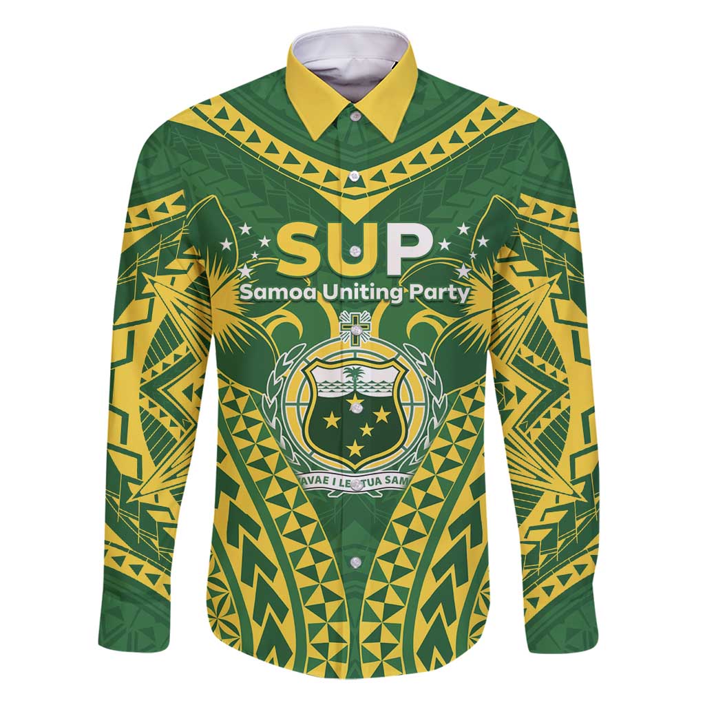 Samoa SUP Family Matching Off Shoulder Maxi Dress and Hawaiian Shirt Samoan Coat Of Arms LT05 Dad's Shirt - Long Sleeve Green - Polynesian Pride