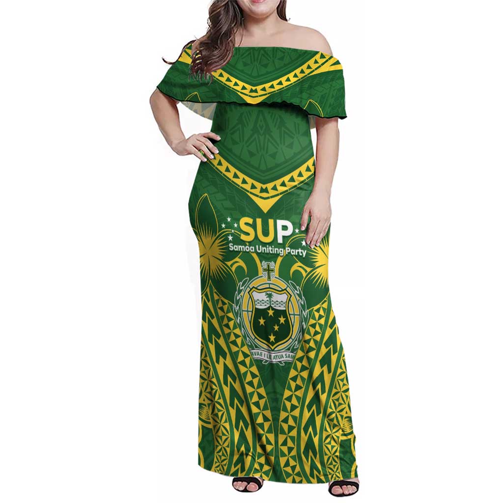 Samoa SUP Family Matching Off Shoulder Maxi Dress and Hawaiian Shirt Samoan Coat Of Arms LT05 Mom's Dress Green - Polynesian Pride
