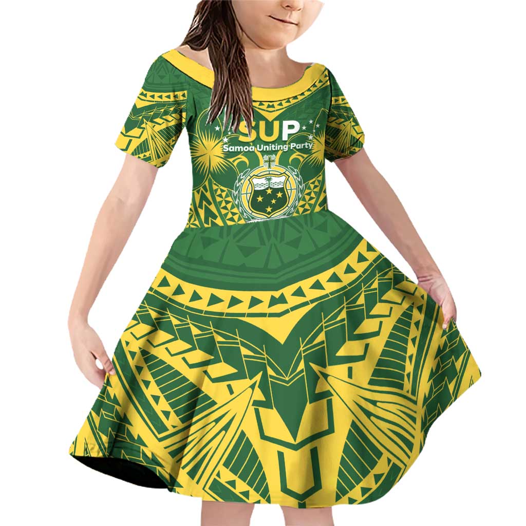 Samoa SUP Family Matching Off Shoulder Short Dress and Hawaiian Shirt Samoan Coat Of Arms LT05 Daughter's Dress Green - Polynesian Pride