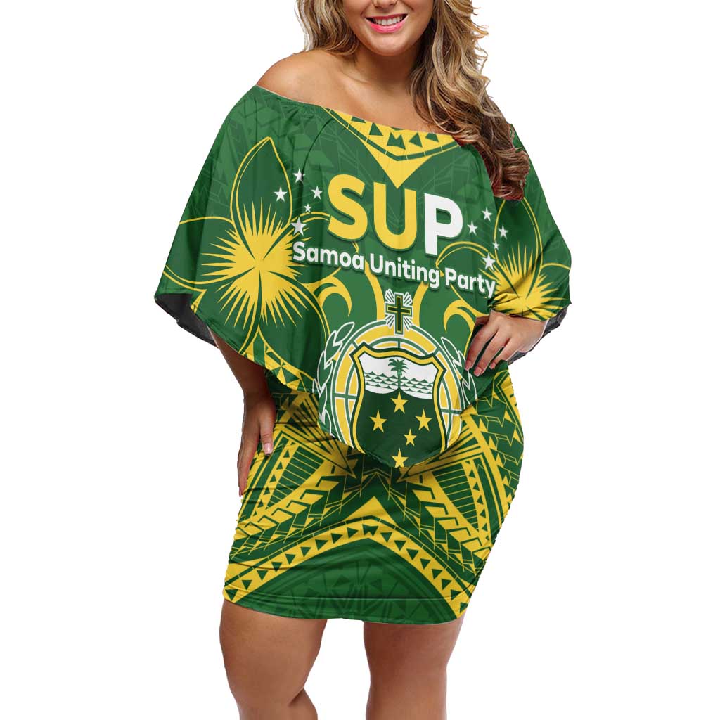 Samoa SUP Family Matching Off Shoulder Short Dress and Hawaiian Shirt Samoan Coat Of Arms LT05 Mom's Dress Green - Polynesian Pride