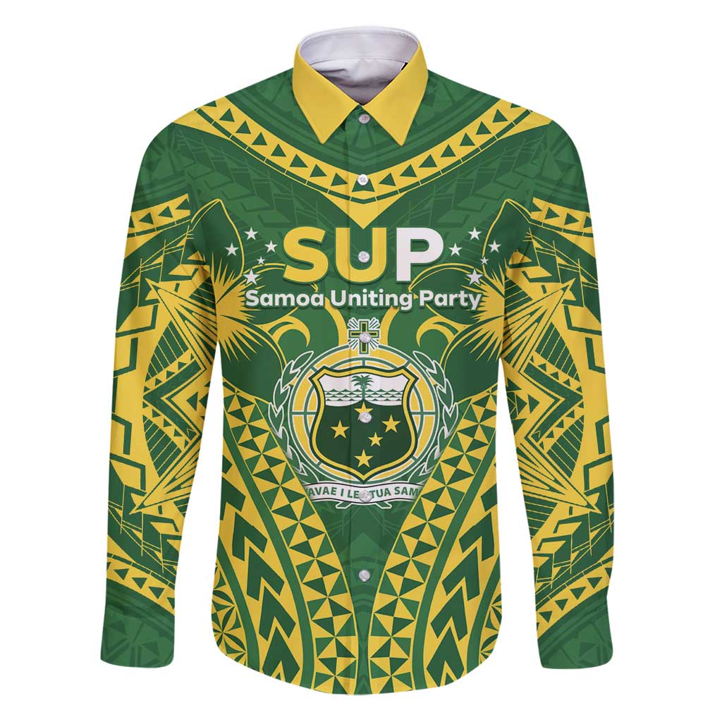 Samoa SUP Family Matching Puletasi and Hawaiian Shirt Samoan Coat Of Arms LT05 Dad's Shirt - Long Sleeve Green - Polynesian Pride