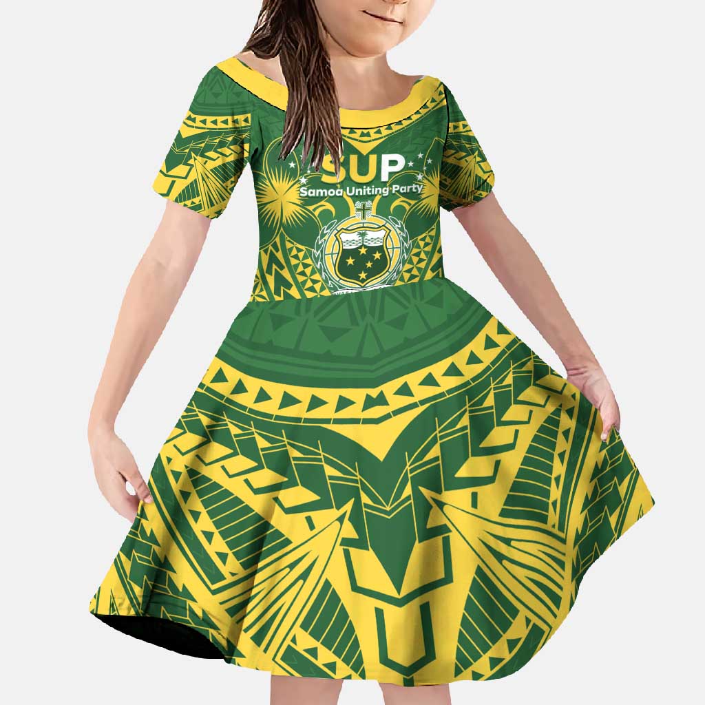 Samoa SUP Family Matching Summer Maxi Dress and Hawaiian Shirt Samoan Coat Of Arms LT05 Daughter's Dress Green - Polynesian Pride