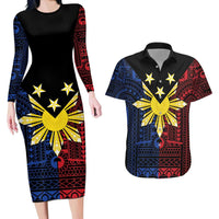 Philippines Sun Star Couples Matching Long Sleeve Bodycon Dress and Hawaiian Shirt Igorot Tribal Inspiration LT05 Black - Polynesian Pride