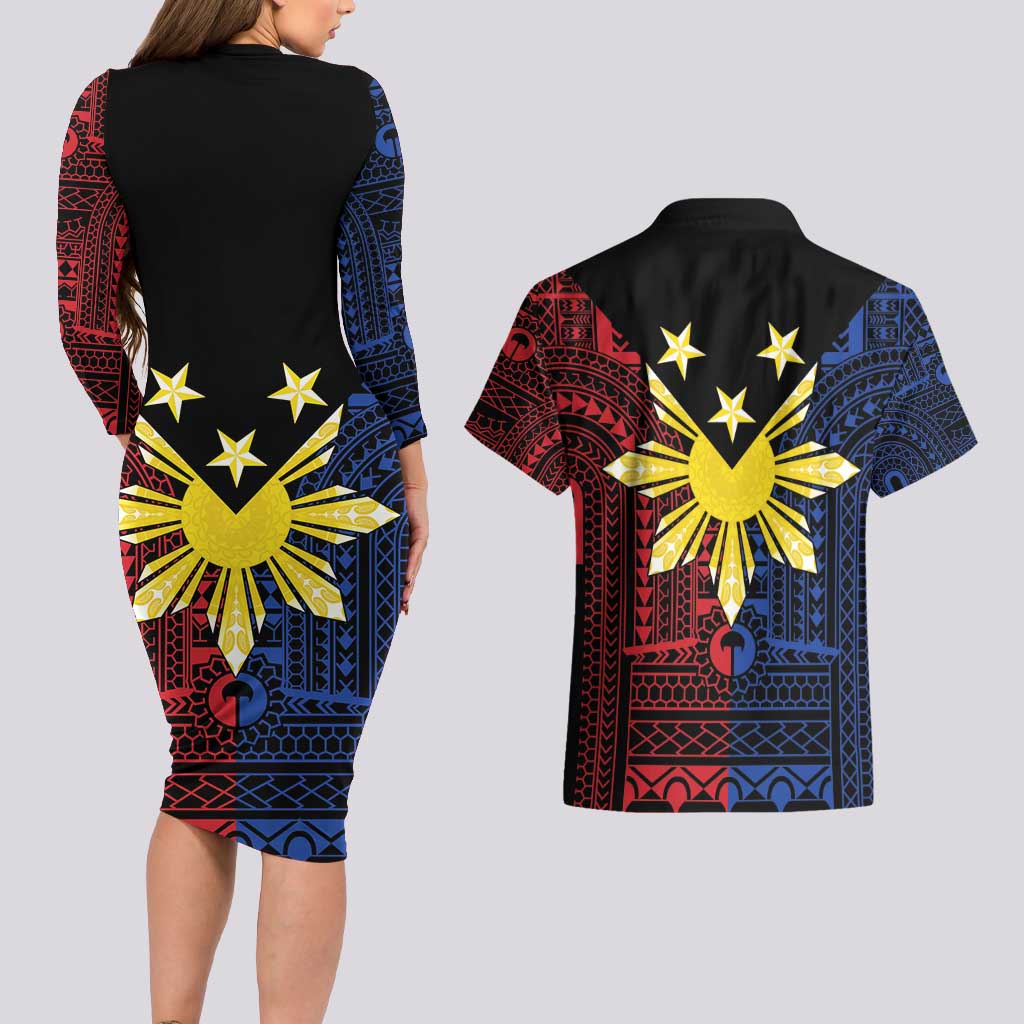 Philippines Sun Star Couples Matching Long Sleeve Bodycon Dress and Hawaiian Shirt Igorot Tribal Inspiration LT05 - Polynesian Pride