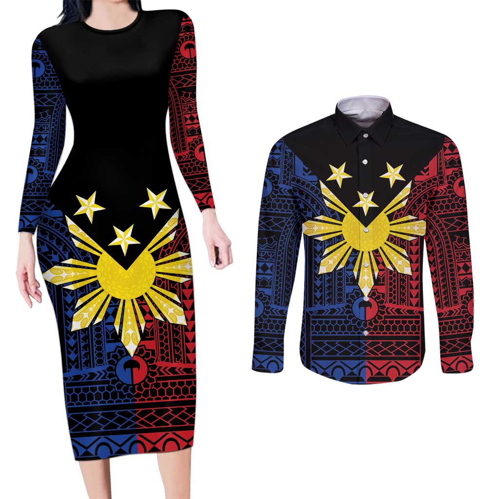 Philippines Sun Star Couples Matching Long Sleeve Bodycon Dress and Long Sleeve Button Shirt Igorot Tribal Inspiration LT05 Black - Polynesian Pride
