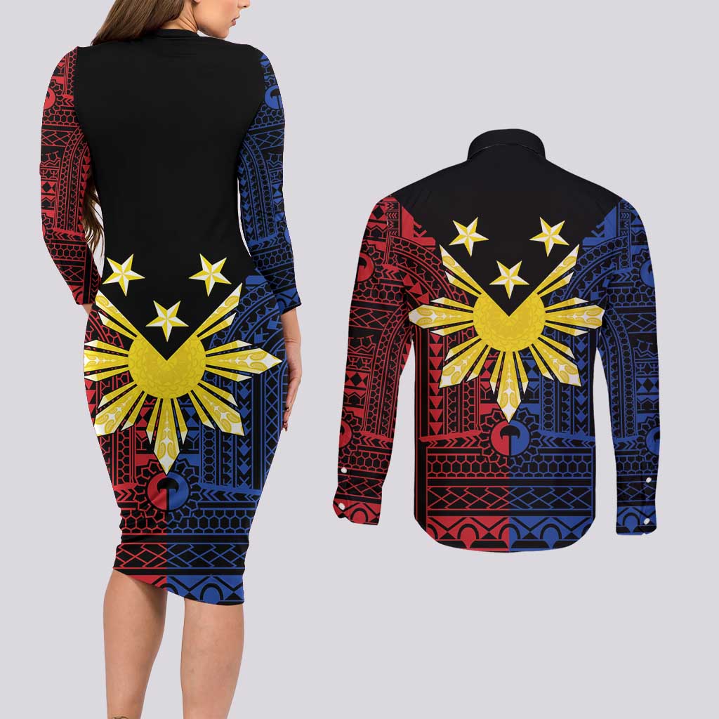 Philippines Sun Star Couples Matching Long Sleeve Bodycon Dress and Long Sleeve Button Shirt Igorot Tribal Inspiration LT05 - Polynesian Pride