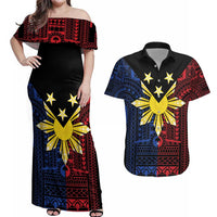 Philippines Sun Star Couples Matching Off Shoulder Maxi Dress and Hawaiian Shirt Igorot Tribal Inspiration LT05 Black - Polynesian Pride