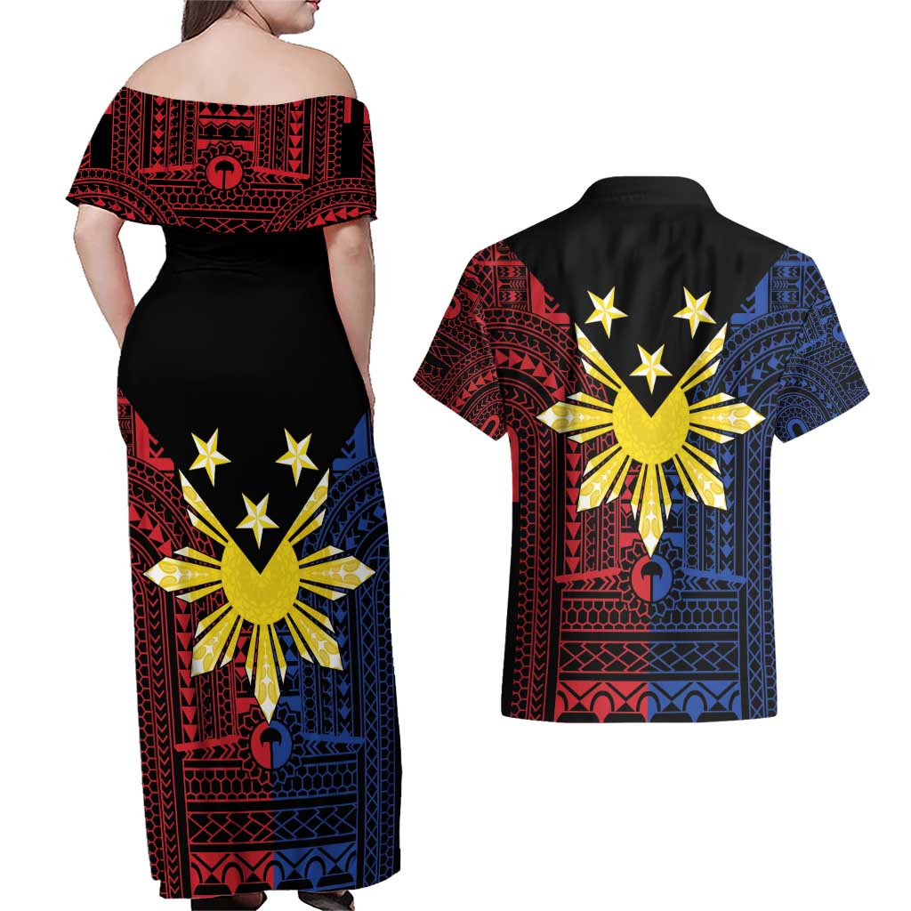 Philippines Sun Star Couples Matching Off Shoulder Maxi Dress and Hawaiian Shirt Igorot Tribal Inspiration LT05 - Polynesian Pride