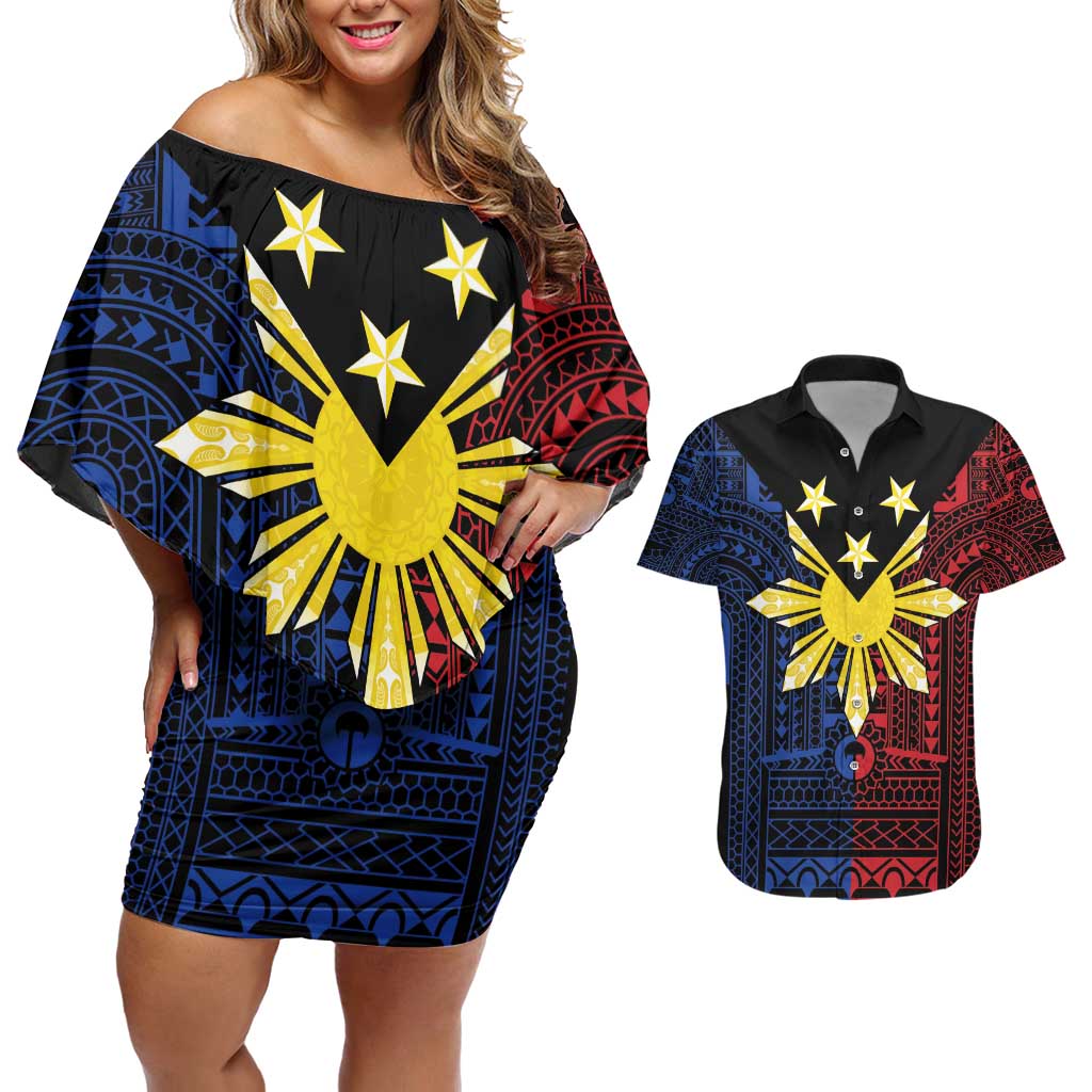Philippines Sun Star Couples Matching Off Shoulder Short Dress and Hawaiian Shirt Igorot Tribal Inspiration LT05 Black - Polynesian Pride