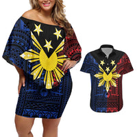 Philippines Sun Star Couples Matching Off Shoulder Short Dress and Hawaiian Shirt Igorot Tribal Inspiration LT05 Black - Polynesian Pride