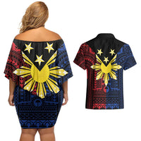 Philippines Sun Star Couples Matching Off Shoulder Short Dress and Hawaiian Shirt Igorot Tribal Inspiration LT05 - Polynesian Pride