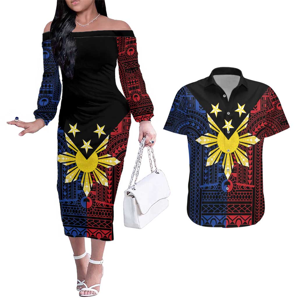 Philippines Sun Star Couples Matching Off The Shoulder Long Sleeve Dress and Hawaiian Shirt Igorot Tribal Inspiration LT05 Black - Polynesian Pride