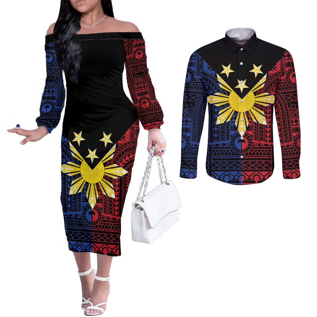 Philippines Sun Star Couples Matching Off The Shoulder Long Sleeve Dress and Long Sleeve Button Shirt Igorot Tribal Inspiration LT05 Black - Polynesian Pride