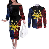 Philippines Sun Star Couples Matching Off The Shoulder Long Sleeve Dress and Long Sleeve Button Shirt Igorot Tribal Inspiration LT05 Black - Polynesian Pride