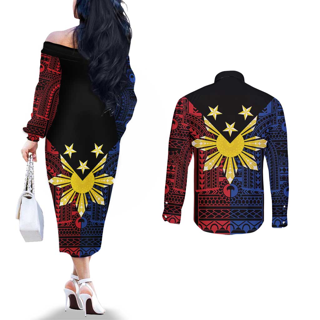 Philippines Sun Star Couples Matching Off The Shoulder Long Sleeve Dress and Long Sleeve Button Shirt Igorot Tribal Inspiration LT05 - Polynesian Pride