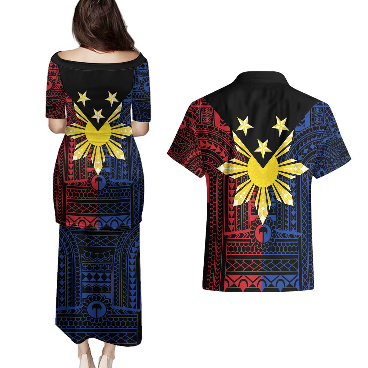 Philippines Sun Star Couples Matching Puletasi and Hawaiian Shirt Igorot Tribal Inspiration - Polynesian Pride