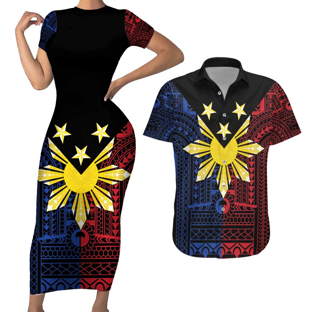 Philippines Sun Star Couples Matching Short Sleeve Bodycon Dress and Hawaiian Shirt Igorot Tribal Inspiration LT05 Black - Polynesian Pride