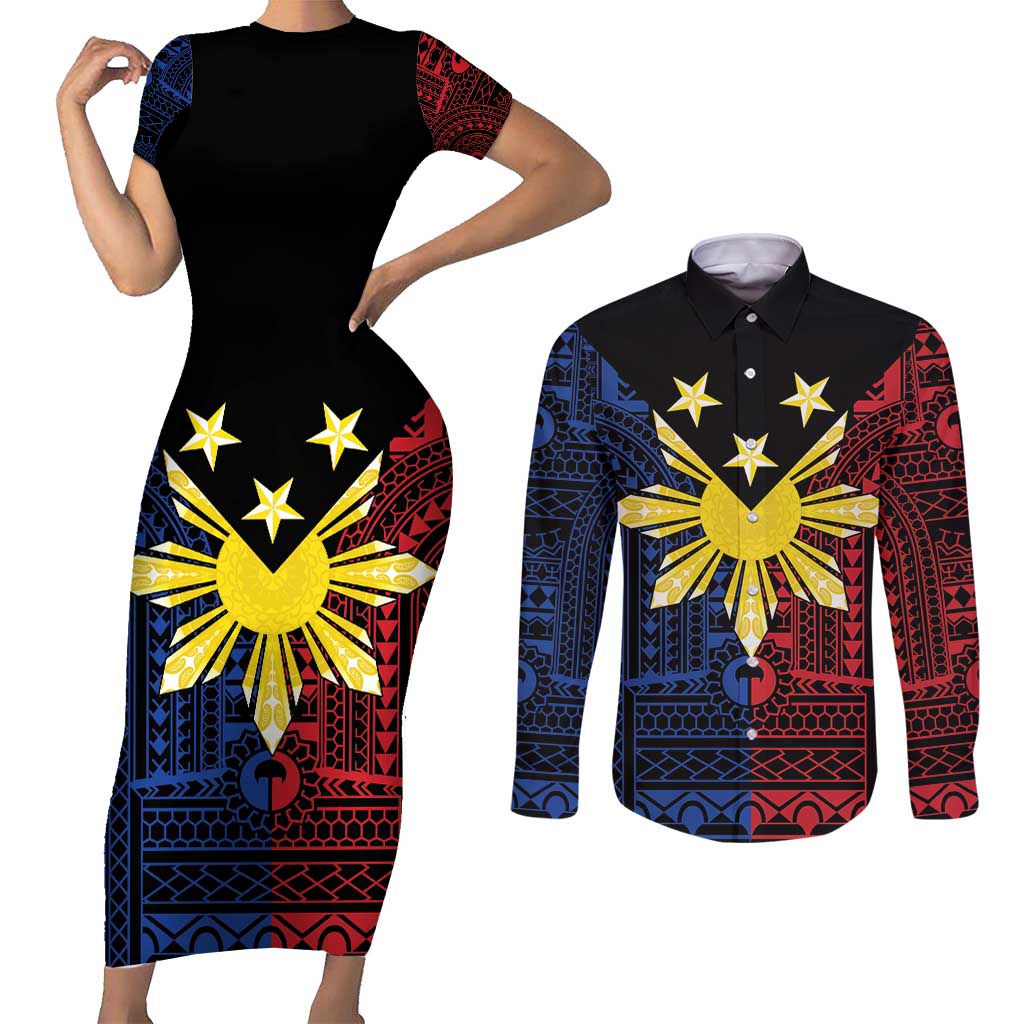 Philippines Sun Star Couples Matching Short Sleeve Bodycon Dress and Long Sleeve Button Shirt Igorot Tribal Inspiration LT05 Black - Polynesian Pride