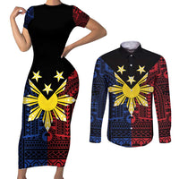 Philippines Sun Star Couples Matching Short Sleeve Bodycon Dress and Long Sleeve Button Shirt Igorot Tribal Inspiration LT05 Black - Polynesian Pride