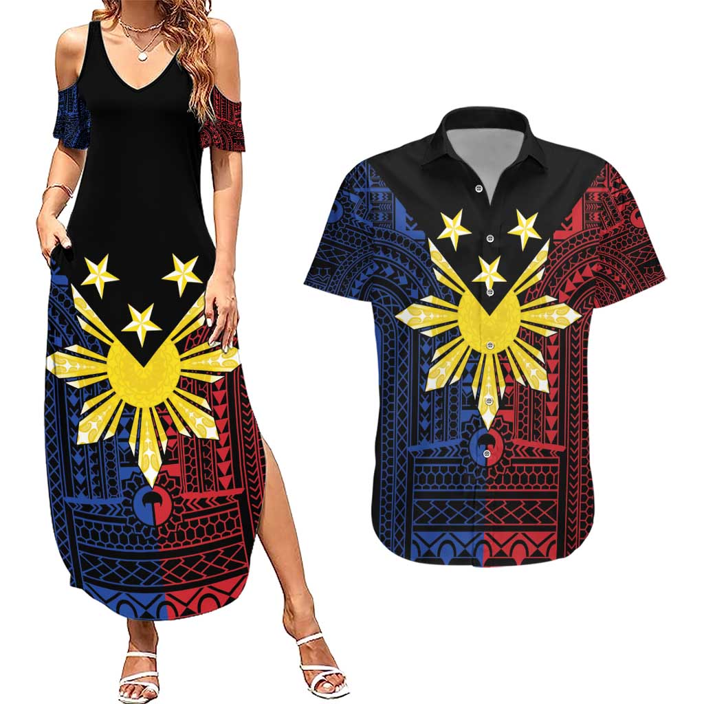 Philippines Sun Star Couples Matching Summer Maxi Dress and Hawaiian Shirt Igorot Tribal Inspiration LT05 Black - Polynesian Pride