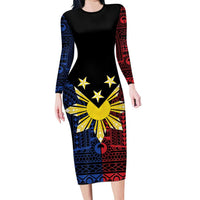 Philippines Sun Star Family Matching Long Sleeve Bodycon Dress and Hawaiian Shirt Igorot Tribal Inspiration LT05 Mom's Dress Black - Polynesian Pride