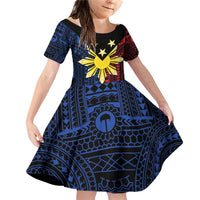 Philippines Sun Star Family Matching Off Shoulder Short Dress and Hawaiian Shirt Igorot Tribal Inspiration LT05 Daughter's Dress Black - Polynesian Pride