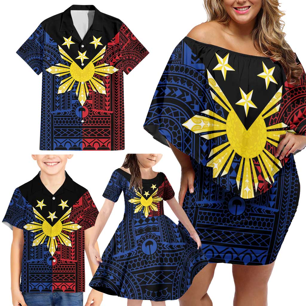 Philippines Sun Star Family Matching Off Shoulder Short Dress and Hawaiian Shirt Igorot Tribal Inspiration LT05 - Polynesian Pride