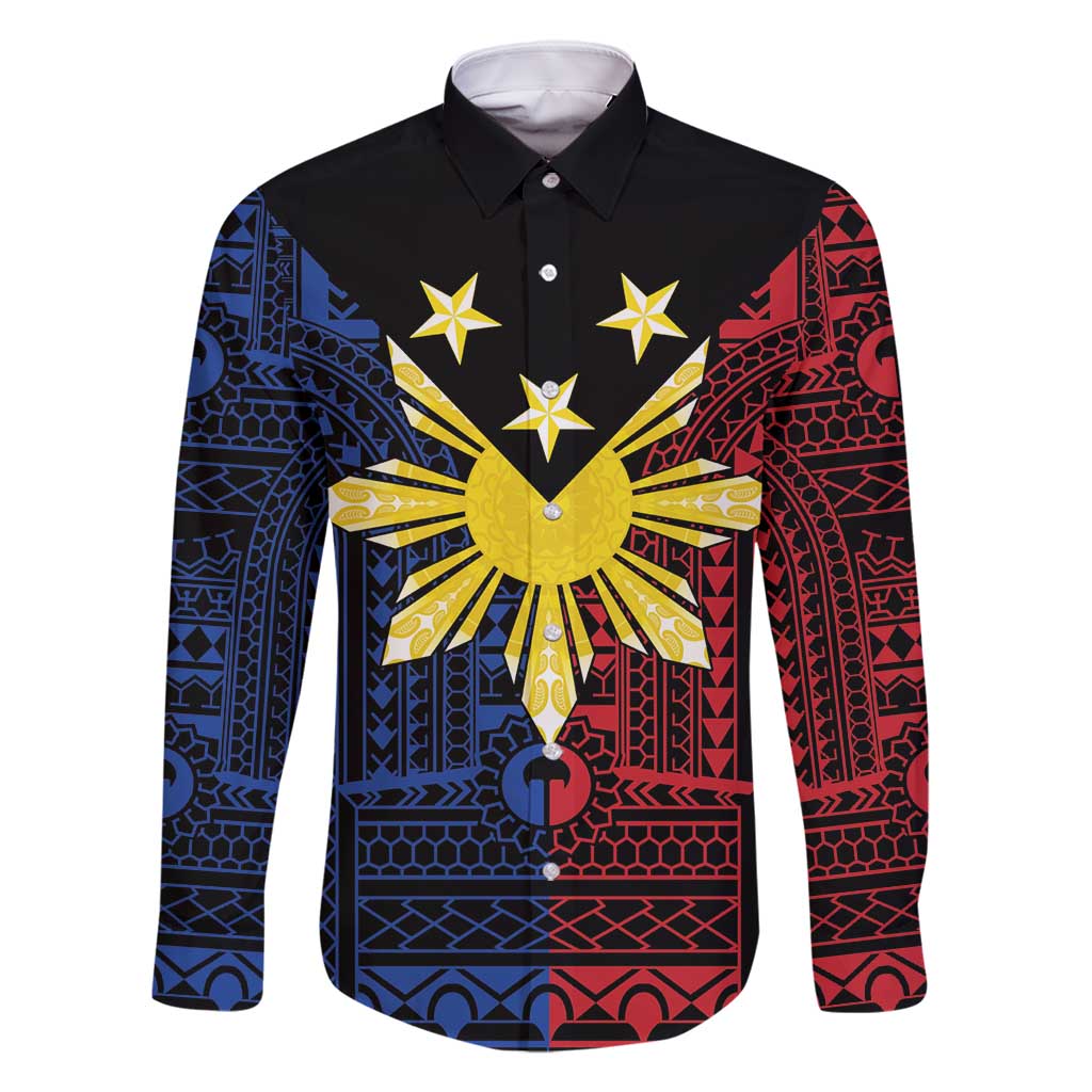 Philippines Sun Star Family Matching Summer Maxi Dress and Hawaiian Shirt Igorot Tribal Inspiration LT05 Dad's Shirt - Long Sleeve Black - Polynesian Pride