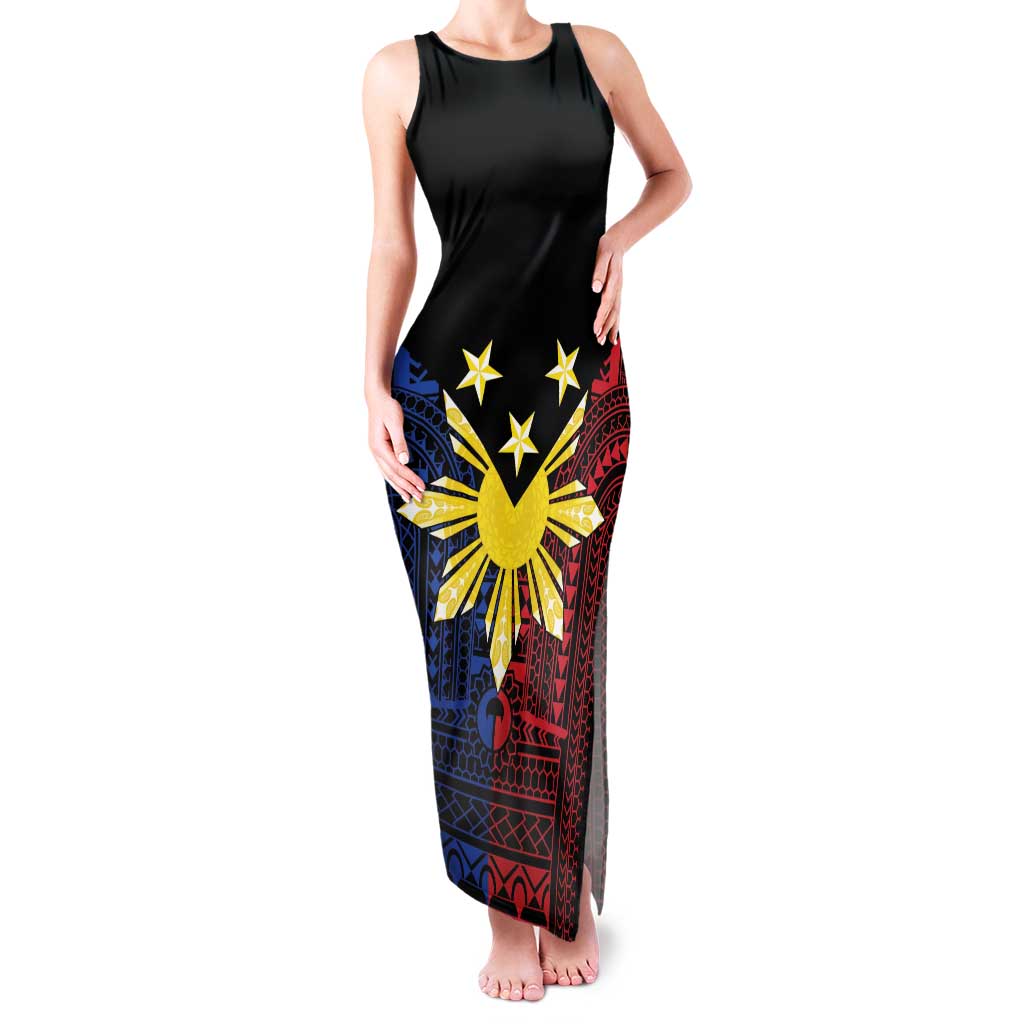 Philippines Sun Star Family Matching Tank Maxi Dress and Hawaiian Shirt Igorot Tribal Inspiration LT05 Mom's Dress Black - Polynesian Pride