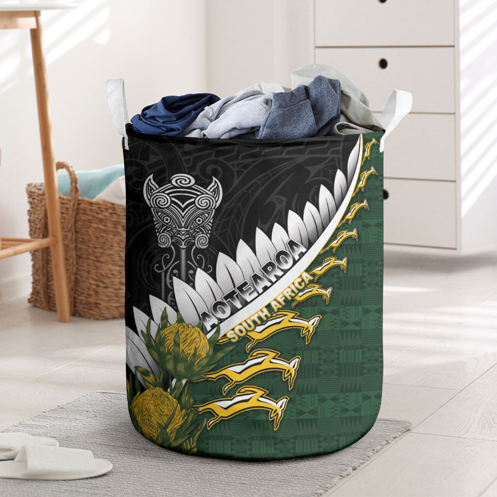 Rugby New Zealand And South Africa Laundry Basket Silver Fern With Springboks LT05 Black - Polynesian Pride