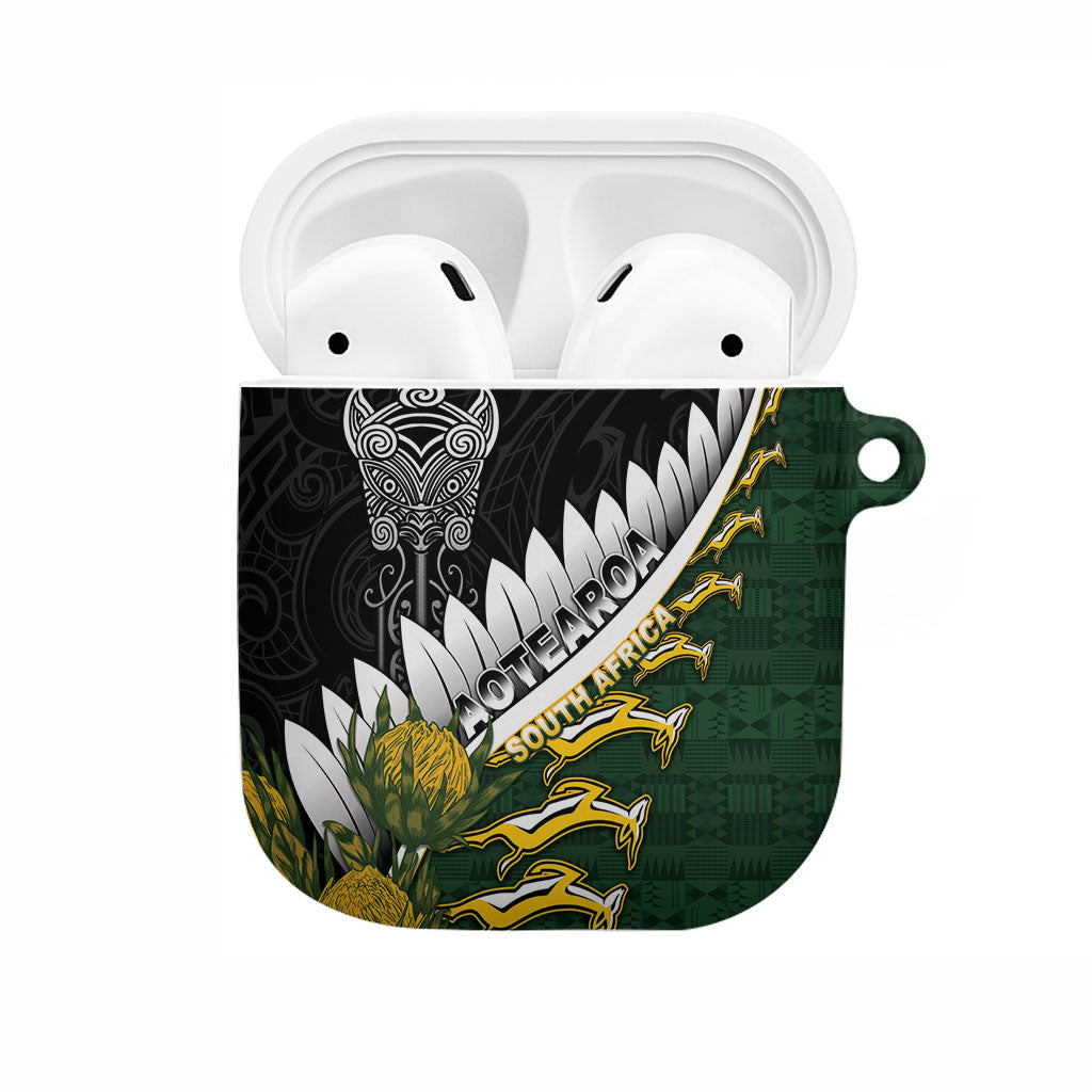 Rugby New Zealand And South Africa AirPods Case Silver Fern With Springboks LT05 Black - Polynesian Pride