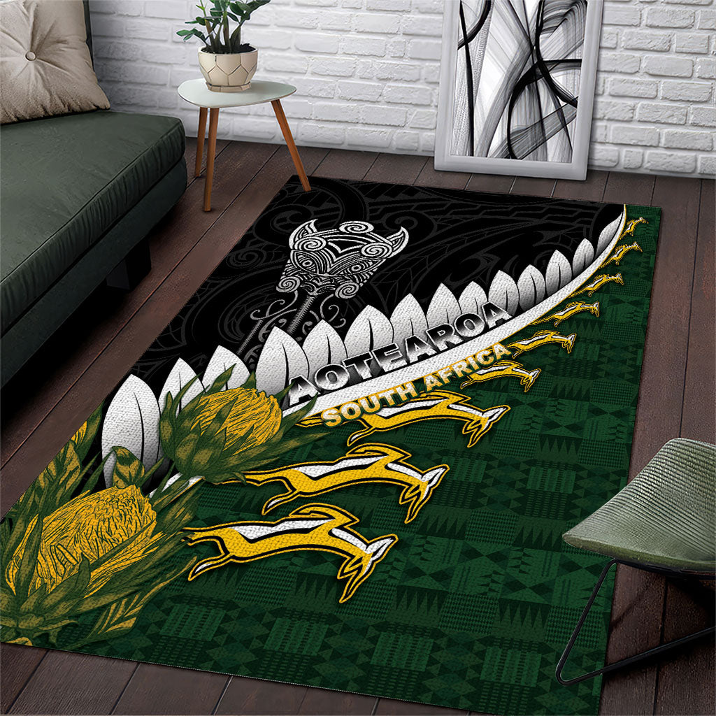 Rugby New Zealand And South Africa Area Rug Silver Fern With Springboks LT05 Black - Polynesian Pride